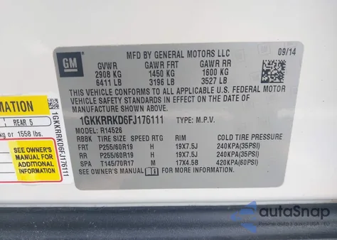 2015 GMC Acadia Slt-1 from USA, damaged, VIN 1GKKRRKD6FJ176111